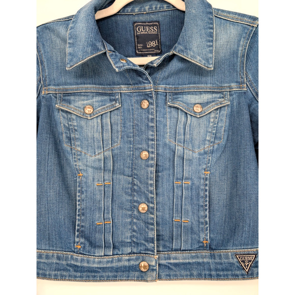 VTG Y2K Guess Jeans Pleated Snap Front Logo Crop Denim Trucker Western Jacket M - Picture 3 of 10